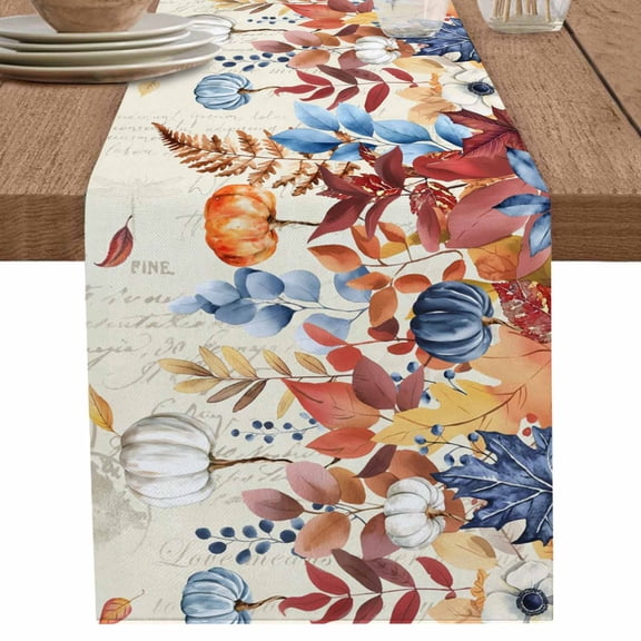 nqOlkjepod Orange Blue Leaves Fall Table Runner 60 Inches Long Farmhouse Dress Scarves, Thanksgiving Small Pumpkins Weeping Dining Tablerunner for Coffee Table/Kitchen Island/Party Décor, 13" x 60"