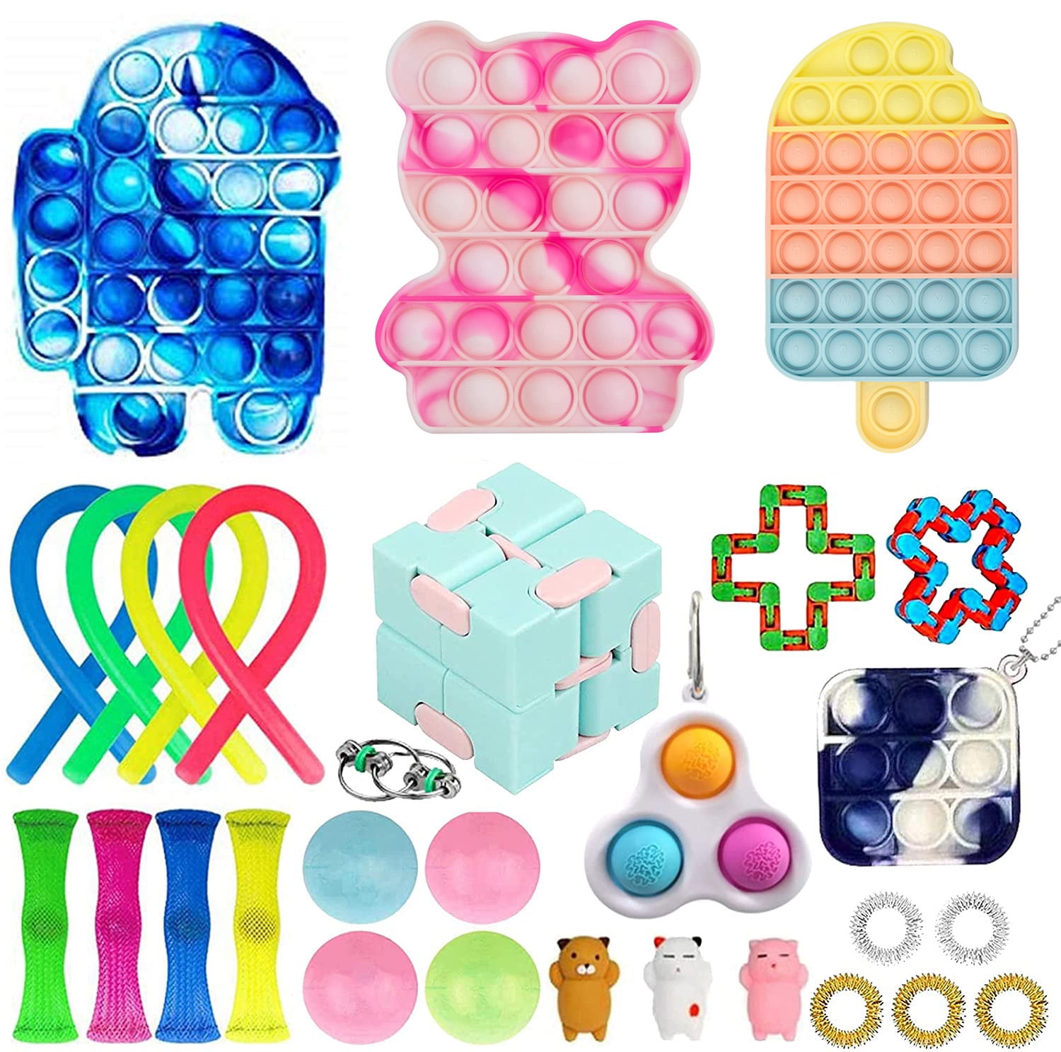 Hirigin 30PCS Fidget Toys Set Sensory Simple Dimple Pop Bubble Infinite  Cube Stress Ball Anti-Anxiety Toys 