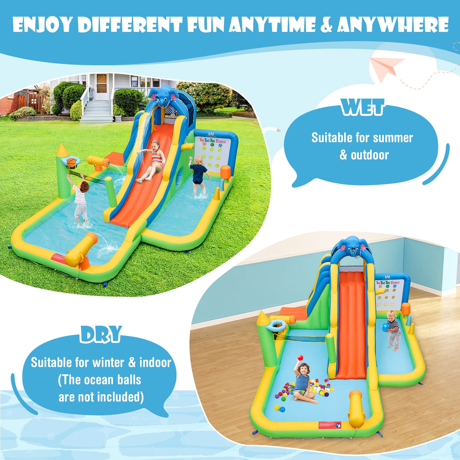 Topbuy Inflatable Water Slide 9-in-1 Blow-up Water Park for Kids with Splash Pool Climbing Wall Water Guns Basketball Toss
