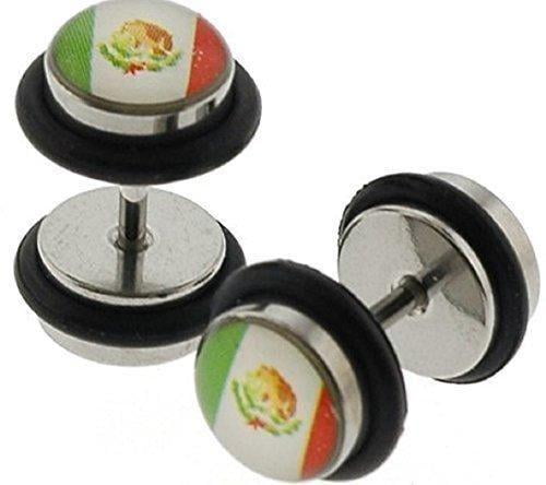 Stainless Steel Fake Plugs with Mexican Flag Logo sold as a pair