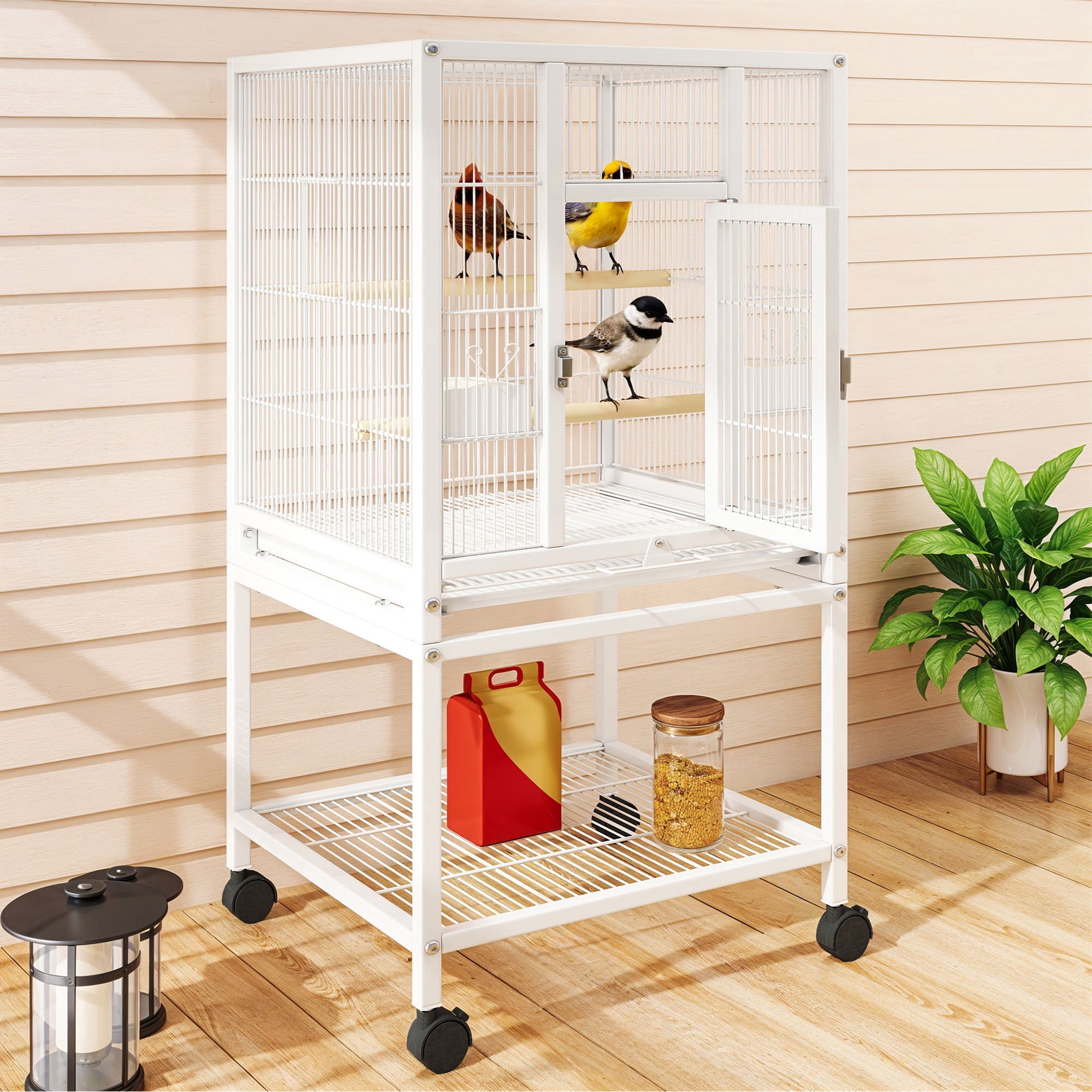 Uforic 41" Metal Birdcage with Rolling Stand and Castor Wheels, Large Parrot Cage with 2 Perches and 2 Feeders, Spacious Storage Tray, White
