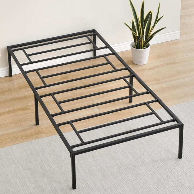 Durable metal platform marco de cama tamaño individual size: 14 pulgada negra, ample almacenamiento, steel slat support, no box spring, heavy-duty construction