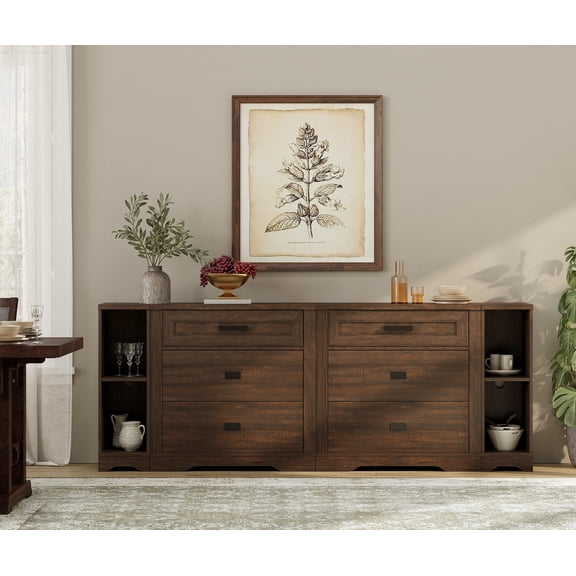 Farmhouse 4 in 1 Dresser TV Stand for 75 85 95" TVs ,Wood Entertainment Center with 6 Drawers Dresser Cabinet and Open Storage for Living Room ,Rustic Brown