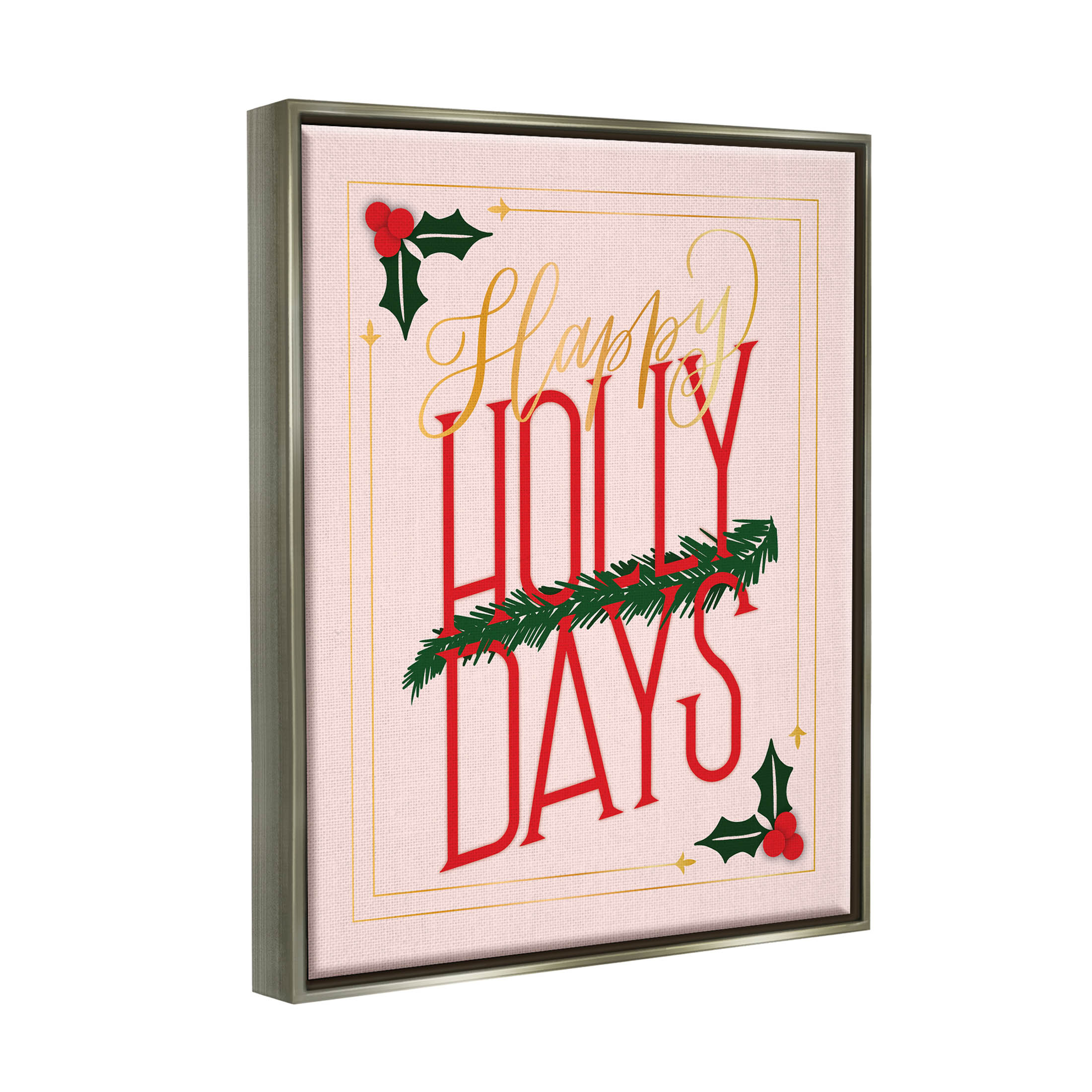 Happy Holly Days Botanical Holiday Holiday Graphic Art Luster Gray Framed Art Print Wall Art