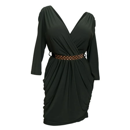 - eVogues Plus size Deep V-Neck Wrap Bodice Long Sleeve Dress Olive Green