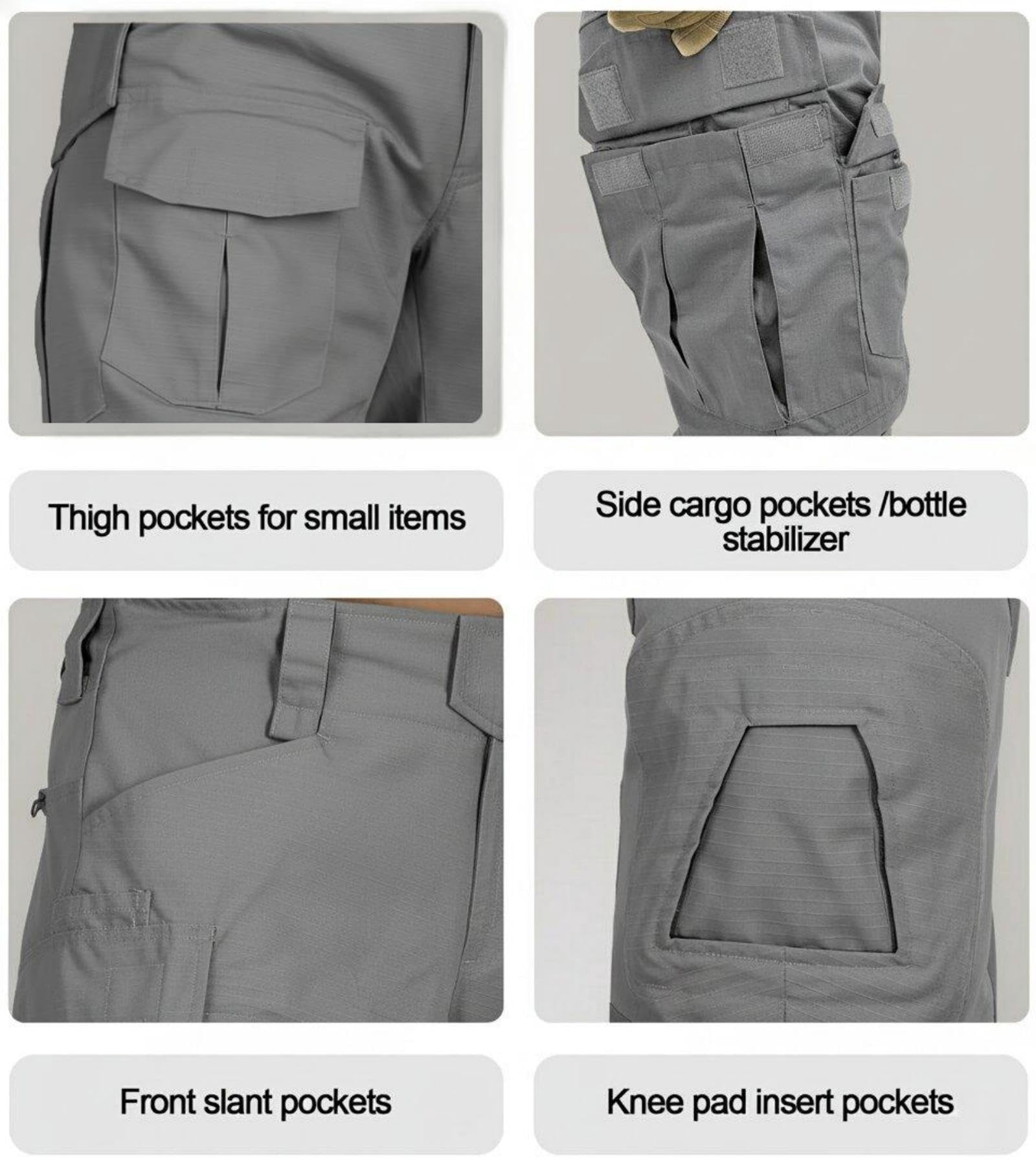 TRGPSG Men's Outdoors Work Pants with Knee Pads,Hunting Pants Waterproof Hiking Work Pants 10 Pockets (No Belt),Gray Size 34