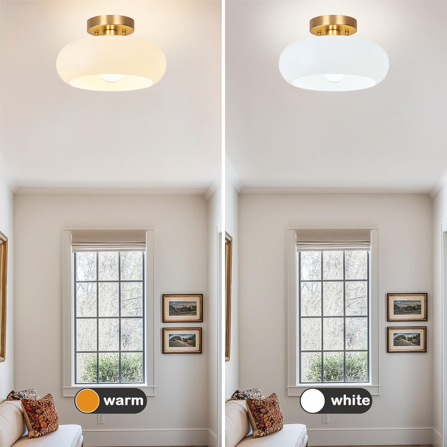 Gold Semi Flush Mount Ceiling Light,11inch Mid-Century Modern Light Fixture, Hallway Light Fixtures with White Milk Glass Shade,Vintage Lighting fixtures for entryway,Bedroom,Kitchen,Porch