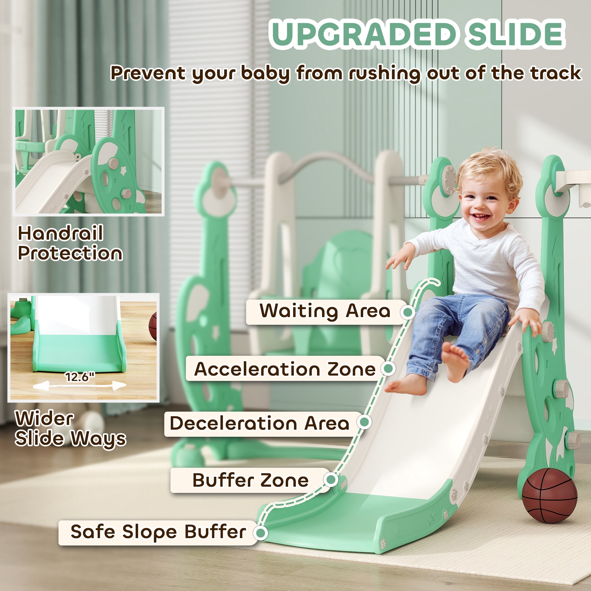 Qaba 4 in 1 Toddler Slide and Swing Set, Indoor Kids Slide for Ages 1.5-4, Toddler Playset Playground with Climber, Basketball Hoop, Green