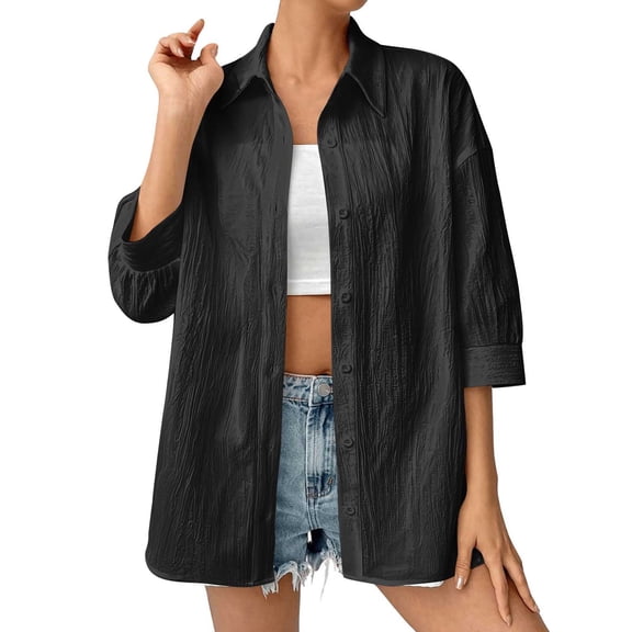 Otntypg Womens Button Down Shirts Lightweight Soft Cotton Beach Vacation Tees Shirts Fall Elegant 3/4 Length Sleeve Work Blouses Collared Tunic Tshirt Tops Black M