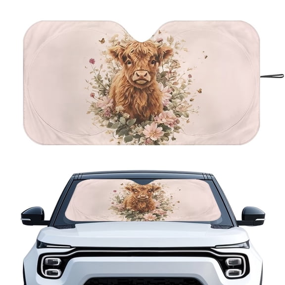 Xixirimido Windshield Sunshade for Car Foldable Front Window Cover Sun Shade Sun Visor Block UV Rays Universal Fit Automotive Accessories, Highland Cattle Floral Pink