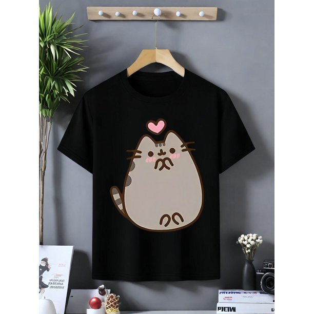 Adorable Cat Print Girls' T-Shirt - Soft & Comfy 95% Cotton Crew Neck Tee with Short Sleeves, Casual Summer Top for Youngsters, Pink with Gray Cat Design, Youngsters Summer Clothing | Cute Cat Design