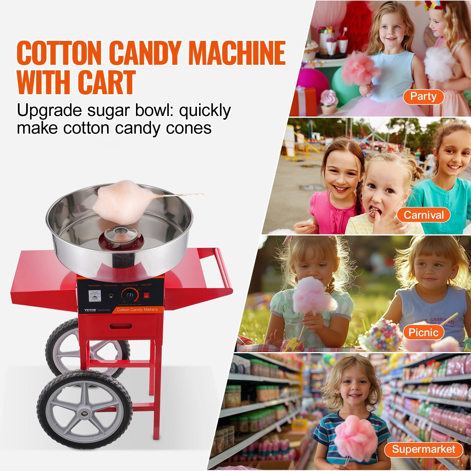 HCY Electric Cotton Candy Machine with Cart, 1000W Commercial Candy Floss Maker with Stainless Steel Bowl, Sugar Scoop and Drawer, Perfect for Home, Kids Birthday, Family Party, Red