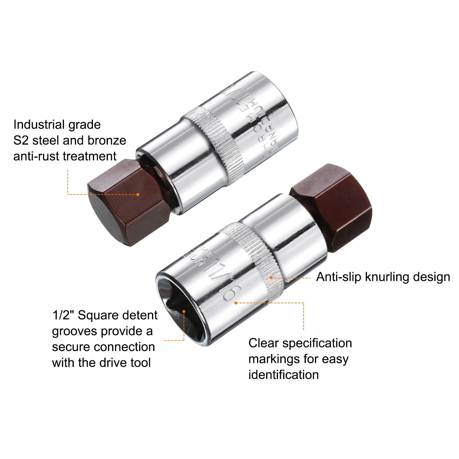 Uxcell 3pcs 11/16" Hex Bit Socket 1/2" Square Drive SAE Extension Impact Bit Power Nut Driver Set S2 & CR-V Steel Socket Ratchet Wrench Bits