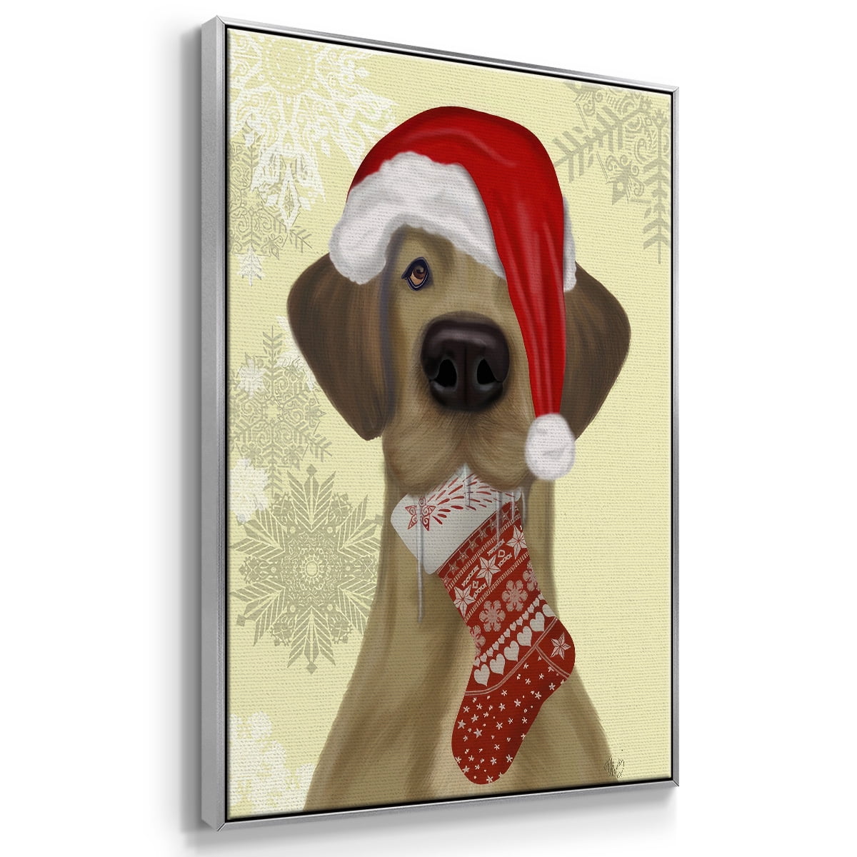 Christmas Drooly Christmas Dane - Framed Gallery Wrapped Holiday Canvas - 25 x 37 - Silver Frame