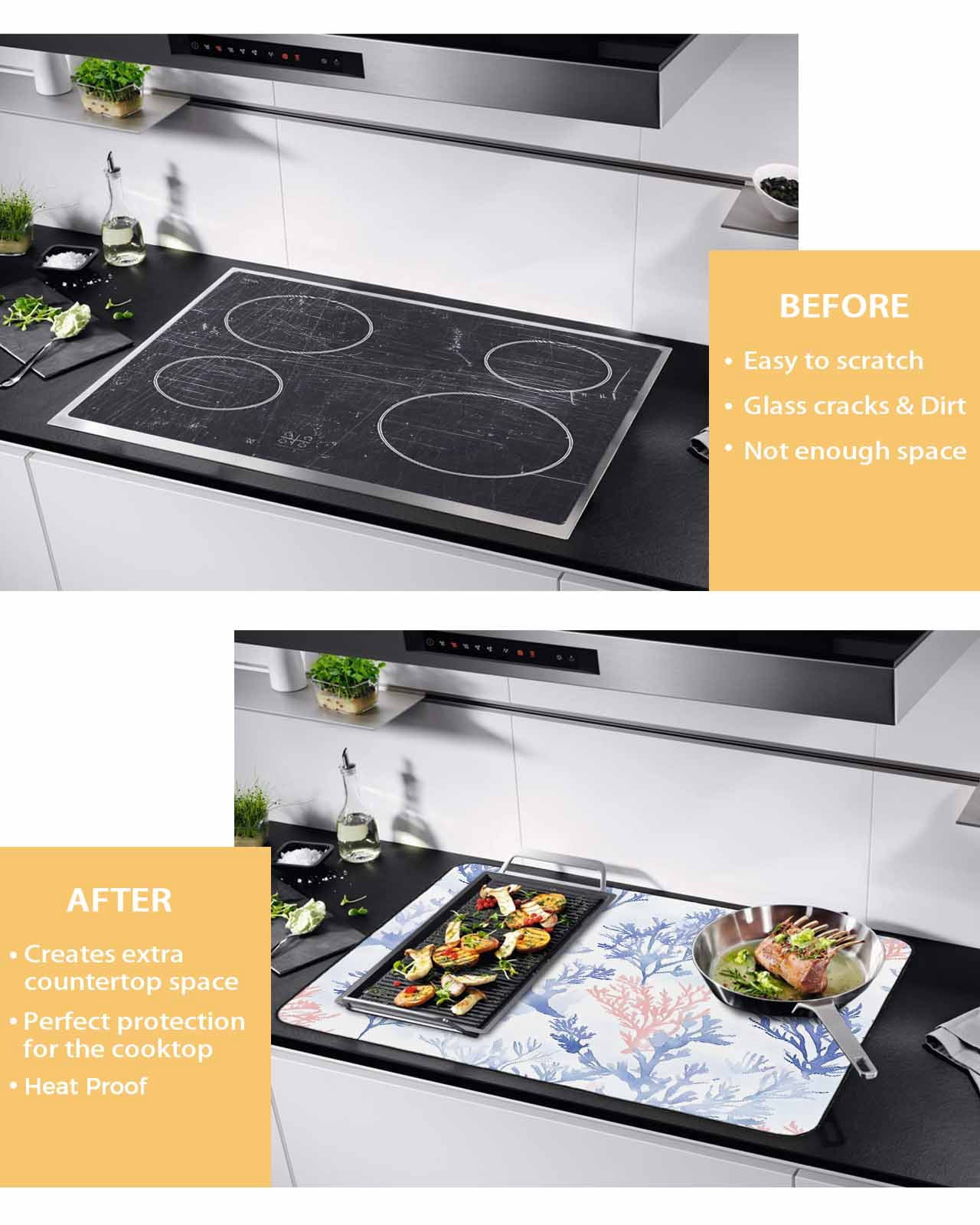 nqOlkjepod Large Induction Cooktop Protector Mat 36"x21", Blue Coral Coastal Stove Top Covers for Electric Stove, Watercolor Ocean Watercolor Stove Burner Cover Mats, Glass Top Stove Cover