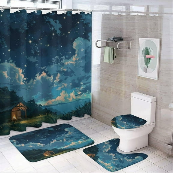 4Pcs Anime Starry Sky Shower Curtain Sets Bathroom Decor, Fantasy Star Plant Campfire Shower Curtain with Non Slip Rug, Toilet Lid Cover, Bath Mat and 12 Hooks 72W x 72L