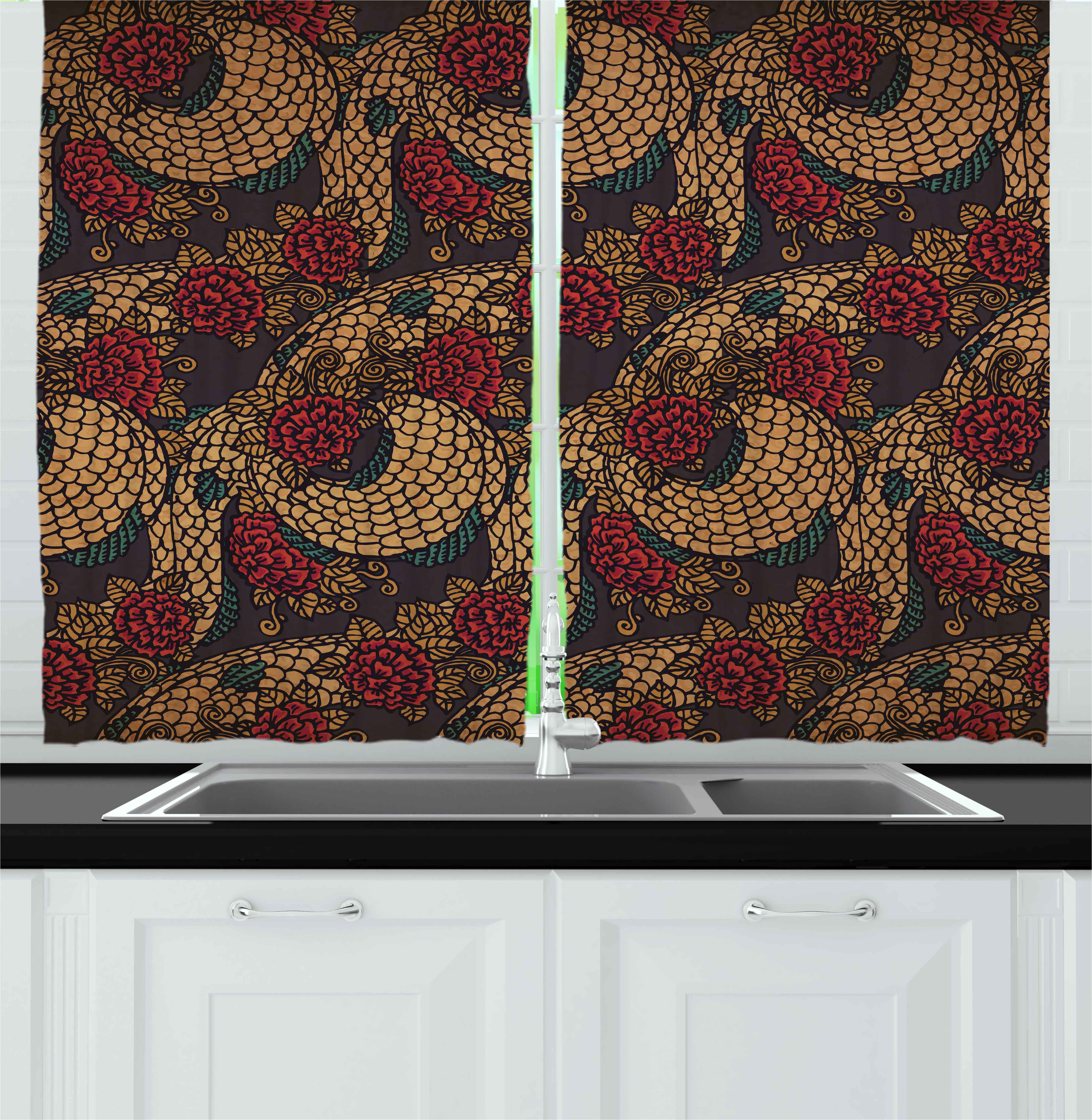 Asian Curtains 2 Panels Set, Traditional Ancient Design Roses and Dragon Eastern Chinese Pattern