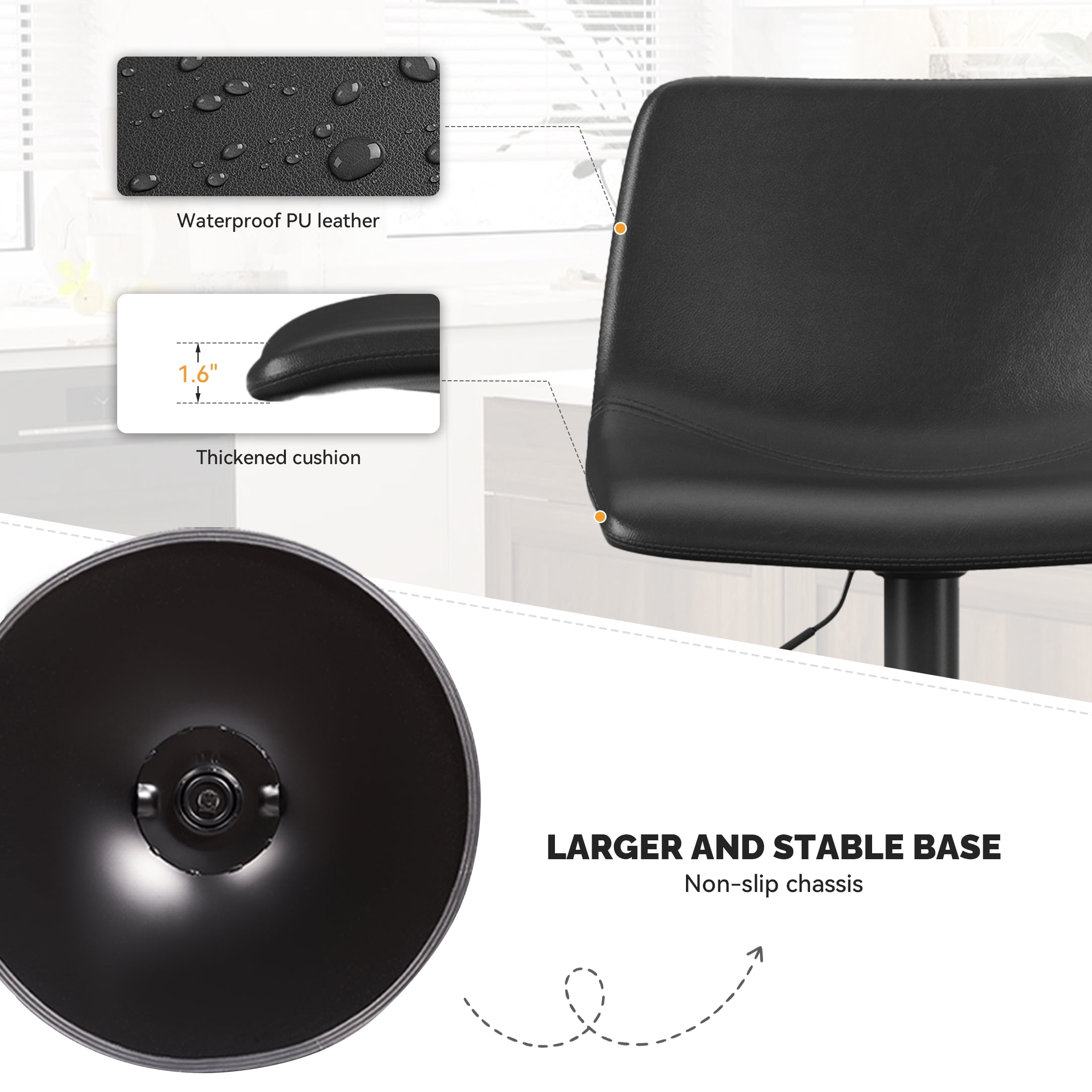 Hawsaiy Modern Swivel Bar Stools Set of 2, Adjustable Faux Leather Counter Height Chairs with Back for Kitchen Island, Black
