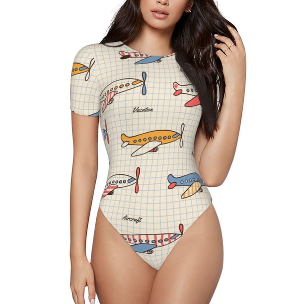 Fotbe Striped Vintage Planes Body de Mujer con Cuello Redondo y Mangas Cortas, Sin Mangas Ajustado, Suave, Cómodo y Básico-X-Large