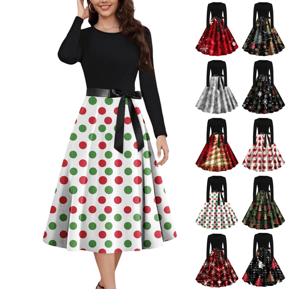 Mifsaly Vintage Christmas Dresses Women Long Sleeve Crewneck Elegant Cocktail Dress Xmas Holiday Party Tunic Evening Gowns 2025 Bright Snowflake Print Festival Outfits with Belt