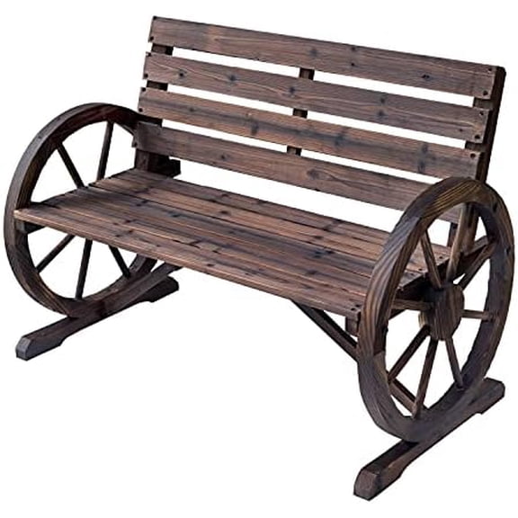 Wooden Wagon Wheel Bench Rustic Outdoor  Furniture, 2-Person Seat Bench with Backrest$$Garden &