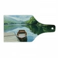 thumbnail image 1 of Lake Cutting Board, Wooden Boat at Pier on Biograd Mountain Lake Montenegro Idyllic Springtime, Tempered Glass Cutting and Serving Board, Wine Bottle Shape, Green Brown Pale Blue, by Ambesonne, 1 of 1