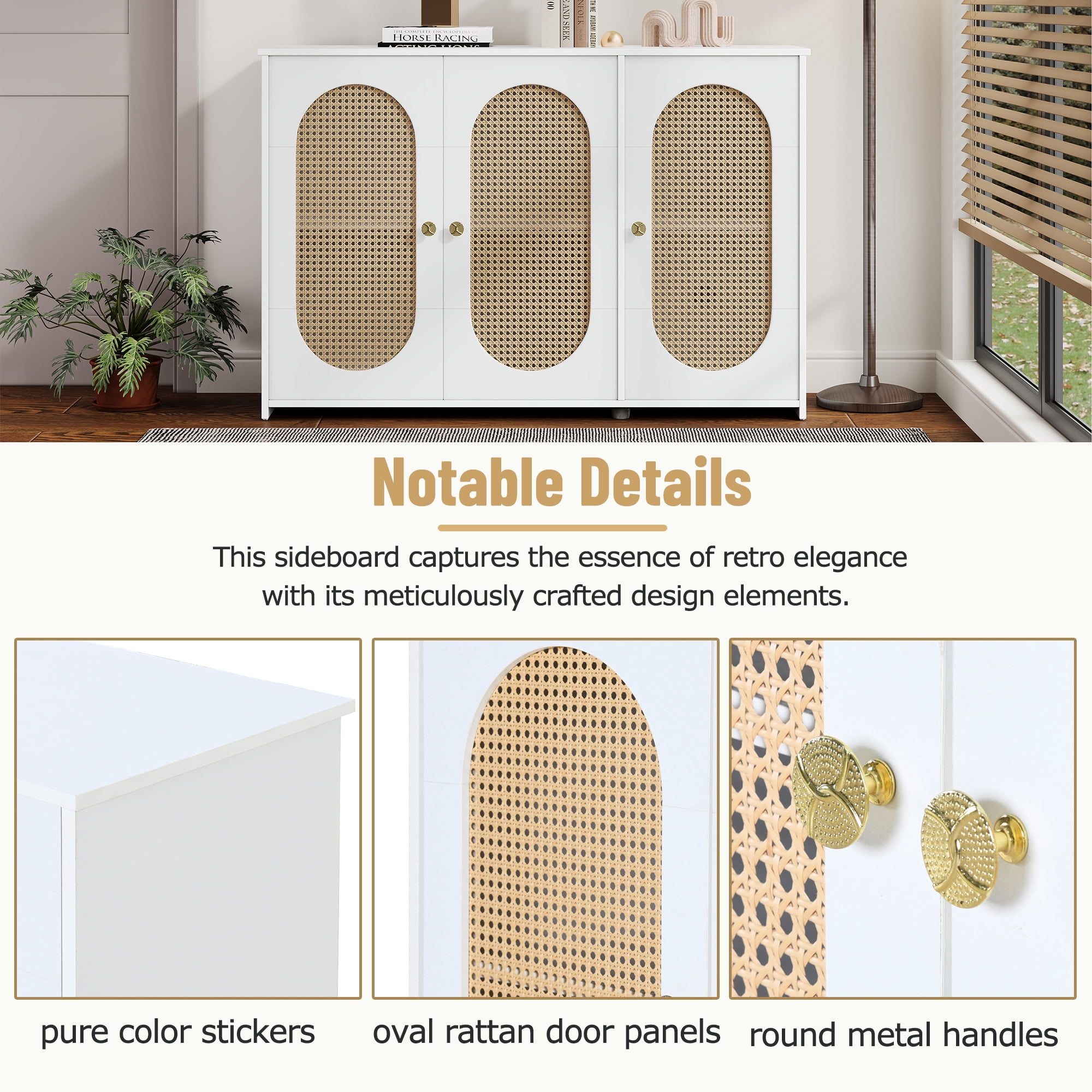 Lunale 48.8" Retro 3-Door Storage Sideboard Cabinet with Artificial Rattan Doors for Living Room and Hallway, White