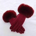 thumbnail image 2 of Fashion Women Winter Warm Suede Leather Touch Screen Glove Female Faux Rabit Fur Embroidery Plus Velvet Thick Driving Gloves H92 J23 Red, 2 of 5