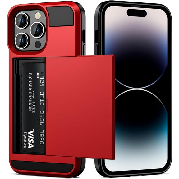 for iPhone 14 Pro Max Case Wallet Credit Card Holder ID Slot Sliding Door Hidden Pocket Men Anti-Scratch Dual Layer Hybrid Bumper Armor Protective Shell Back Cover for 6.7 inch Red