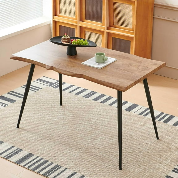 NORDICANA 47 in Modern Irregular Rectangle Faux Wood Grain Kitchen Dining Table for 4 Person, Metal Frame, Breakfast Table for Dining Room