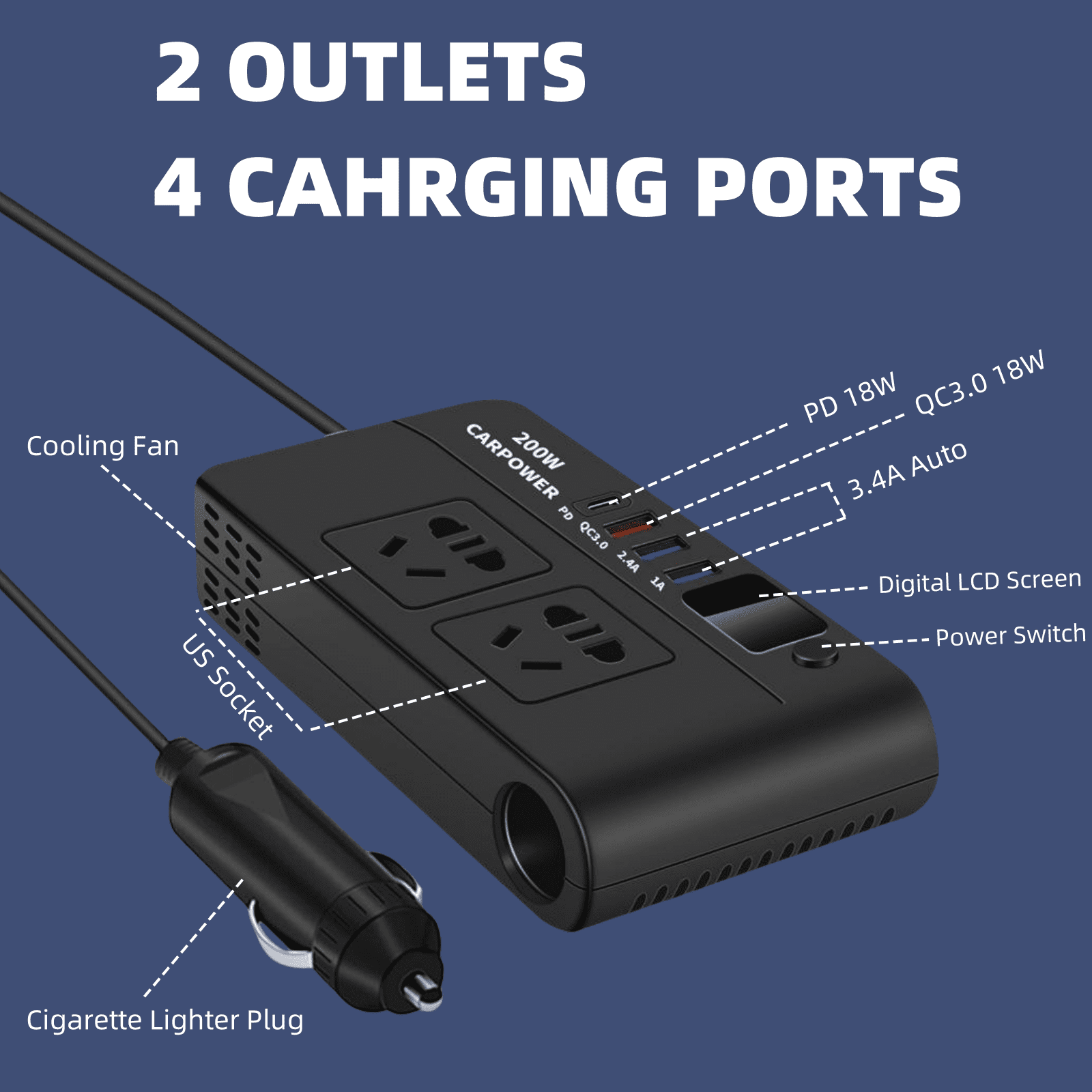 200W Car Power Inverter, DC 12V to 110V AC Car Inverter,3 USB 1 Type-C Ports Charger Adapter Car Plug Converter with Switch and Current LED Screen,Suitable for Car, SUV & Truck (Black)