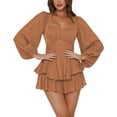 thumbnail image 1 of LYANER Women's Jumpsuit Lantern Long Sleeve Ruffle Layer Tie Mini Short Romper, 1 of 6