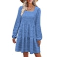 thumbnail image 3 of Vestido de manga larga con cuello cuadrado, Color puro, diseño escalonado, manga abombada, vestido tipo túnica de verano para fiesta y oficina, 3 of 6