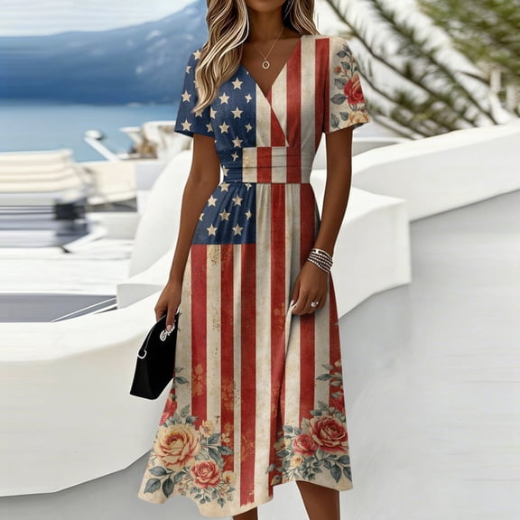 Women 's 250th Anniversary Dresses Independence Day Sun Dress Short Sleeve A-Line Swing Summer Dresses
