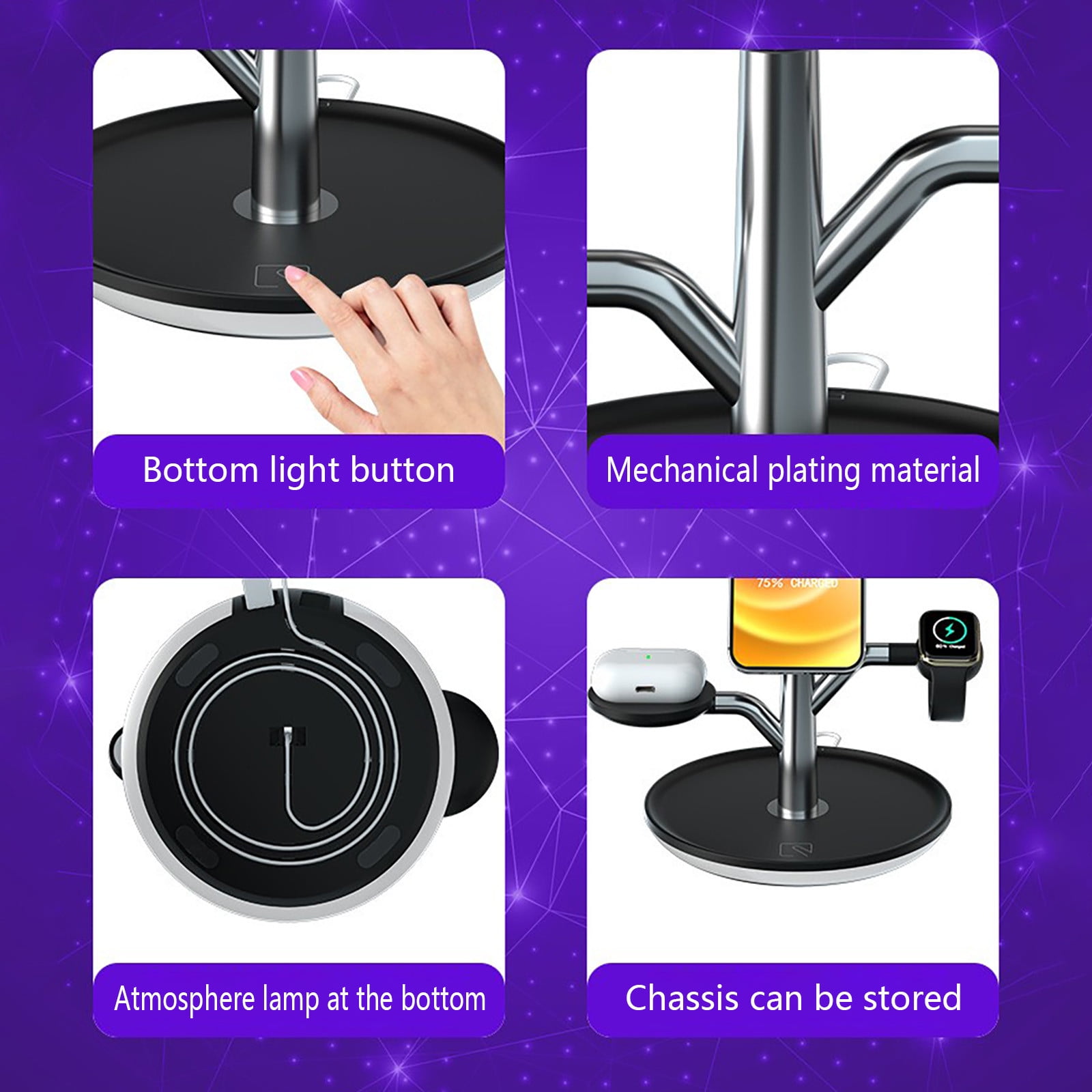 Oggfader Wireless Charger Stand Magnetic Bracket Wireless Charging Tray Suitable For Ios Phone Watch Headphones 3 in 1 Adjust Wireless Charger Black