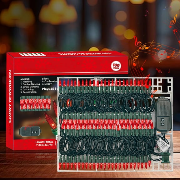 Musical Christmas String Lights - 100 Red Mini Bulbs, 23.7ft, 25 Classical Holiday Songs, UL Certified - Indoor/Outdoor Use for Christmas Tree, Garden, Party, Patio, Garland