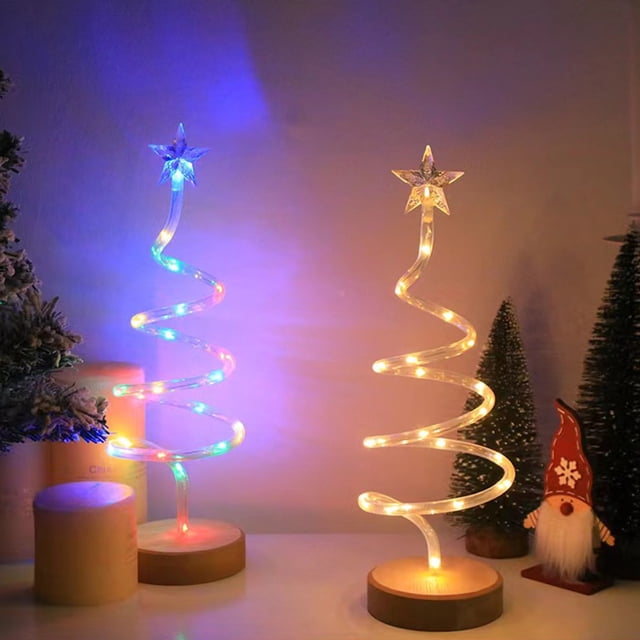 Christmas Decoration Spiral Tree Light Volution Helical Design Wooden Base 14in Mini Desktop Christmas Tree Warm White or Multicolored LED Battery Powered Festive Home Accent