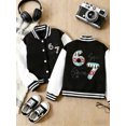 thumbnail image 4 of OOOUM Kids Christmas Theme Varsity Jacket Striped Collar Button Down Bomber Jacket Graphic Streetwear Baseball Jacket Black 5-6 Years, 4 of 7