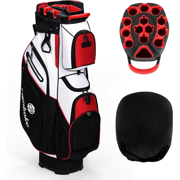 Silent Golf Cart Bag, Molded Lock Top Golf Bag with 14-Way Full-Length Dividers Large Capacity Cooler Pocket Padded Strap Golf Club Bag with Rain Hood for Trolley Players,red