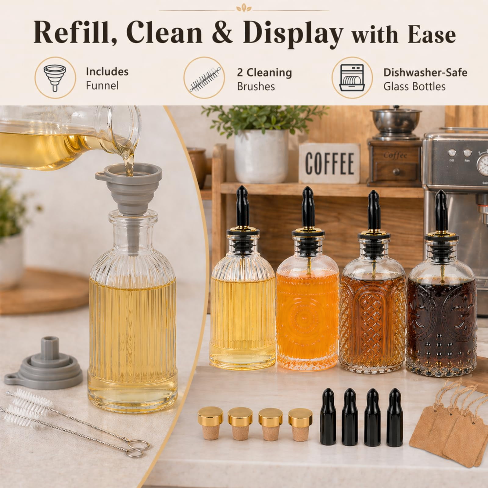 Syrup Dispenser Bottles Set Of 4  Simple Bottle For Coffee Bar Accessories 7 Oz Glass Containers Maple Honey Oil With Metal Pour Spouts & Labels