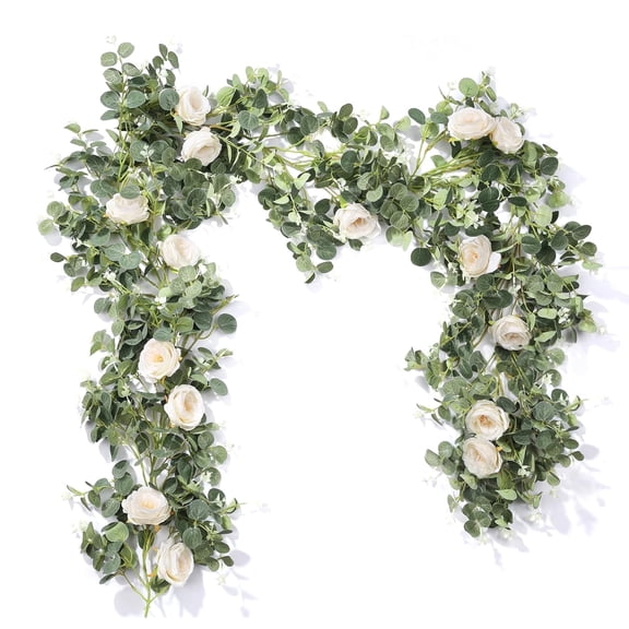 2 Pack Artificial Eucalyptus Camellia Flower Garland Greenery Style for Wedding Table Runner, Backdrop, Party Centerpiece Decor(White)
