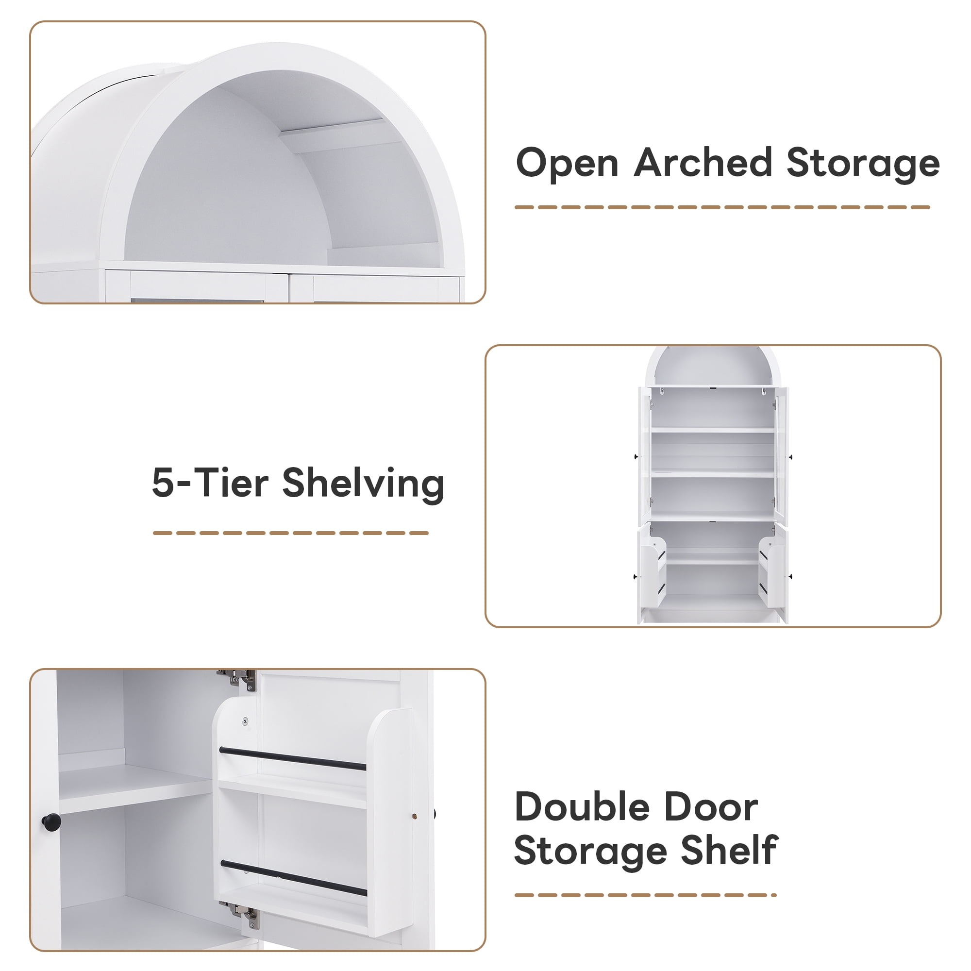 Mintazer Arched Top Tall Storage Cabinet, Display Bookcase with Glass Doors & 5-Tier Shelves, Farmhouse Freestanding Hutch for Living Room Dining Room Study, White