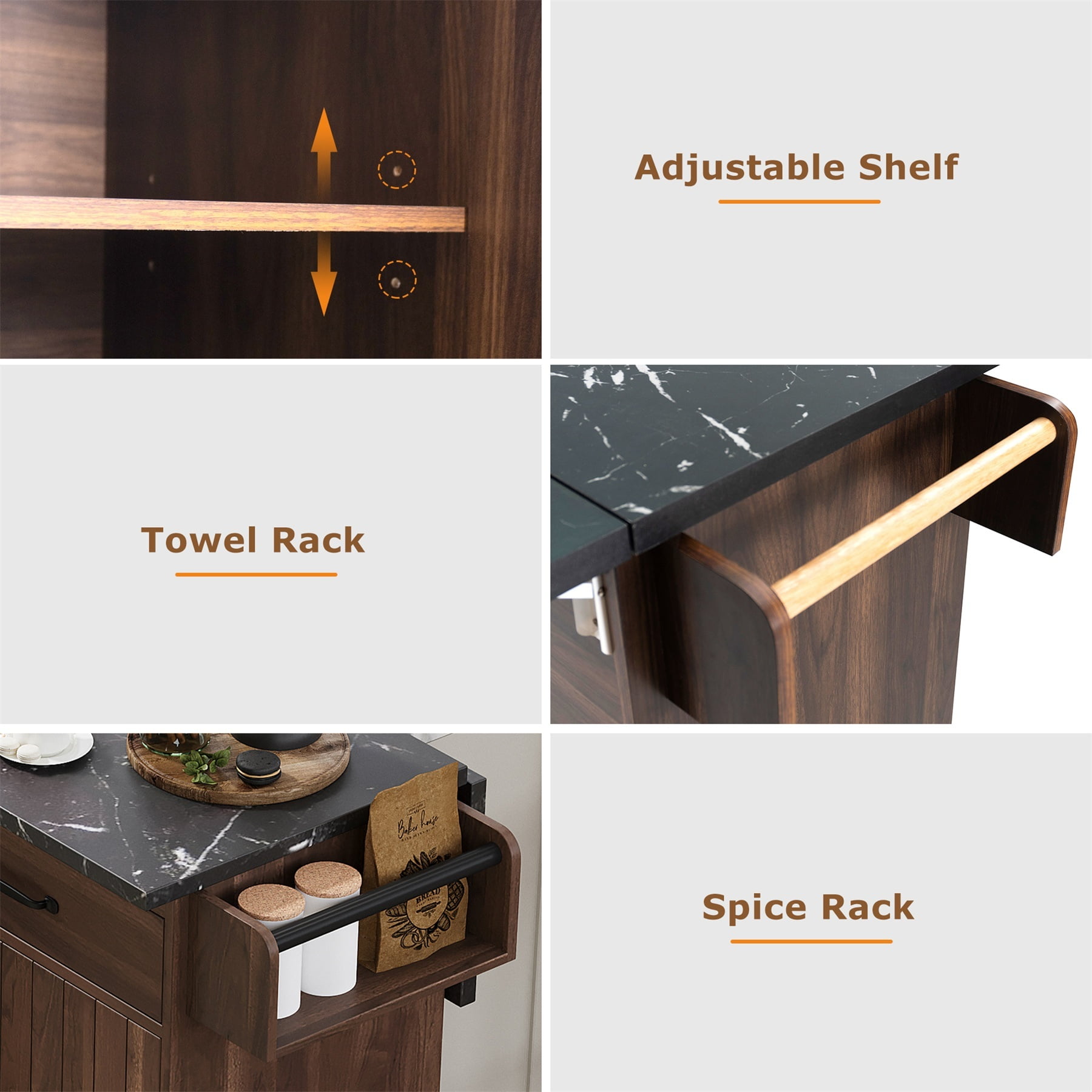 Alvantor Kitchen Island Carts with Trash Can, Rolling Buffet Cabinet with Drop Leaf,Spice Rack and Towel Rack for Dining Room Living Room Walnut