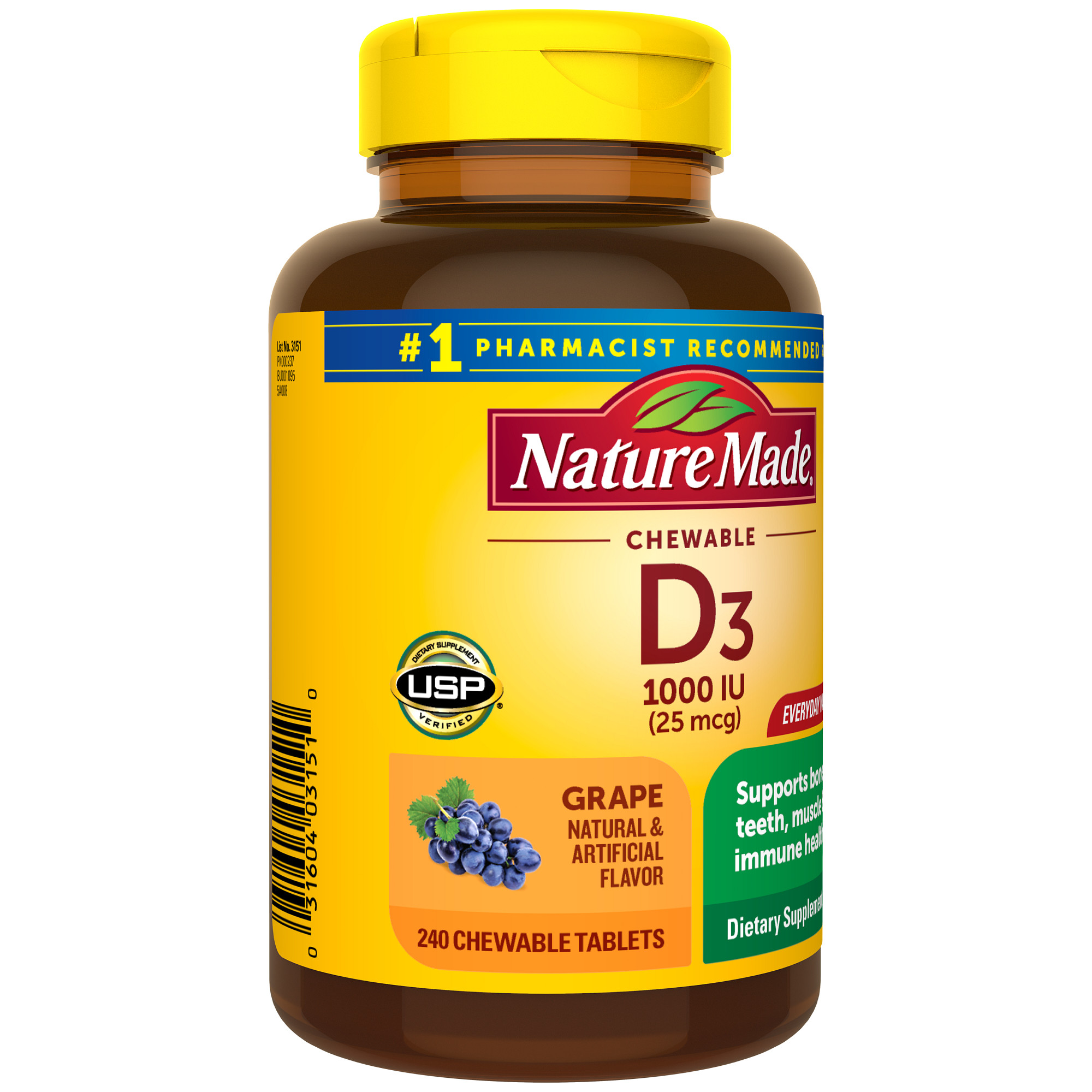 Nature Made Vitamin D3 1000 IU (25 mcg) Chewable Tablets, Dietary ...