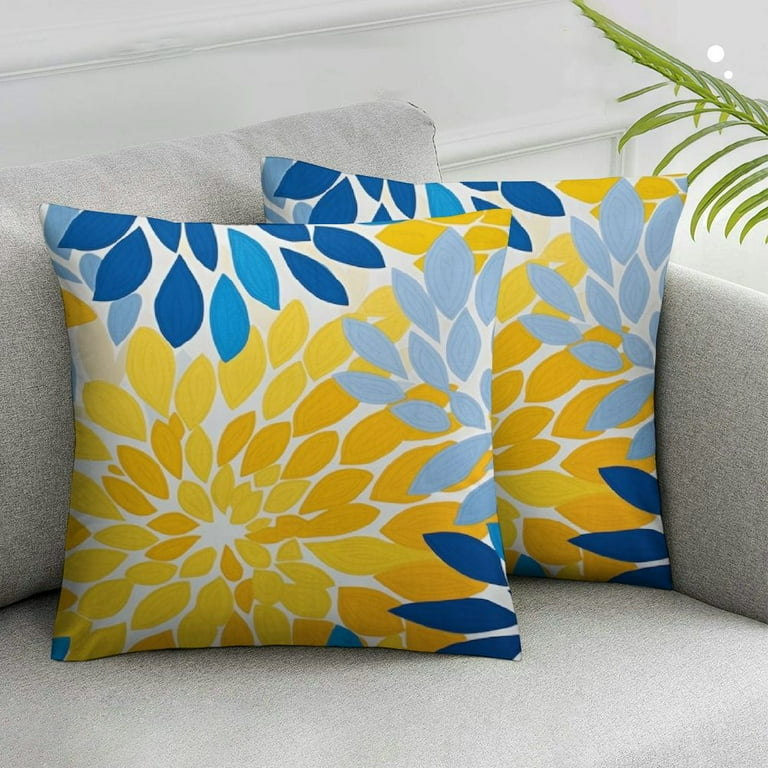 COMIO Yellow Blue Flower Pillow Covers Set of 2 White Gray Colored Throw Pillows Outdoor Waterproof Decor for Living Room Sofa Patio Funiture Garden