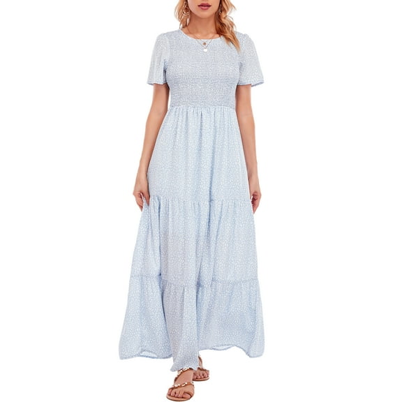LUSMAY Women's Summer Casual Floral Print Party Wrap Maxi Dresses Short Sleeve A Line Long Tiered Sun dress