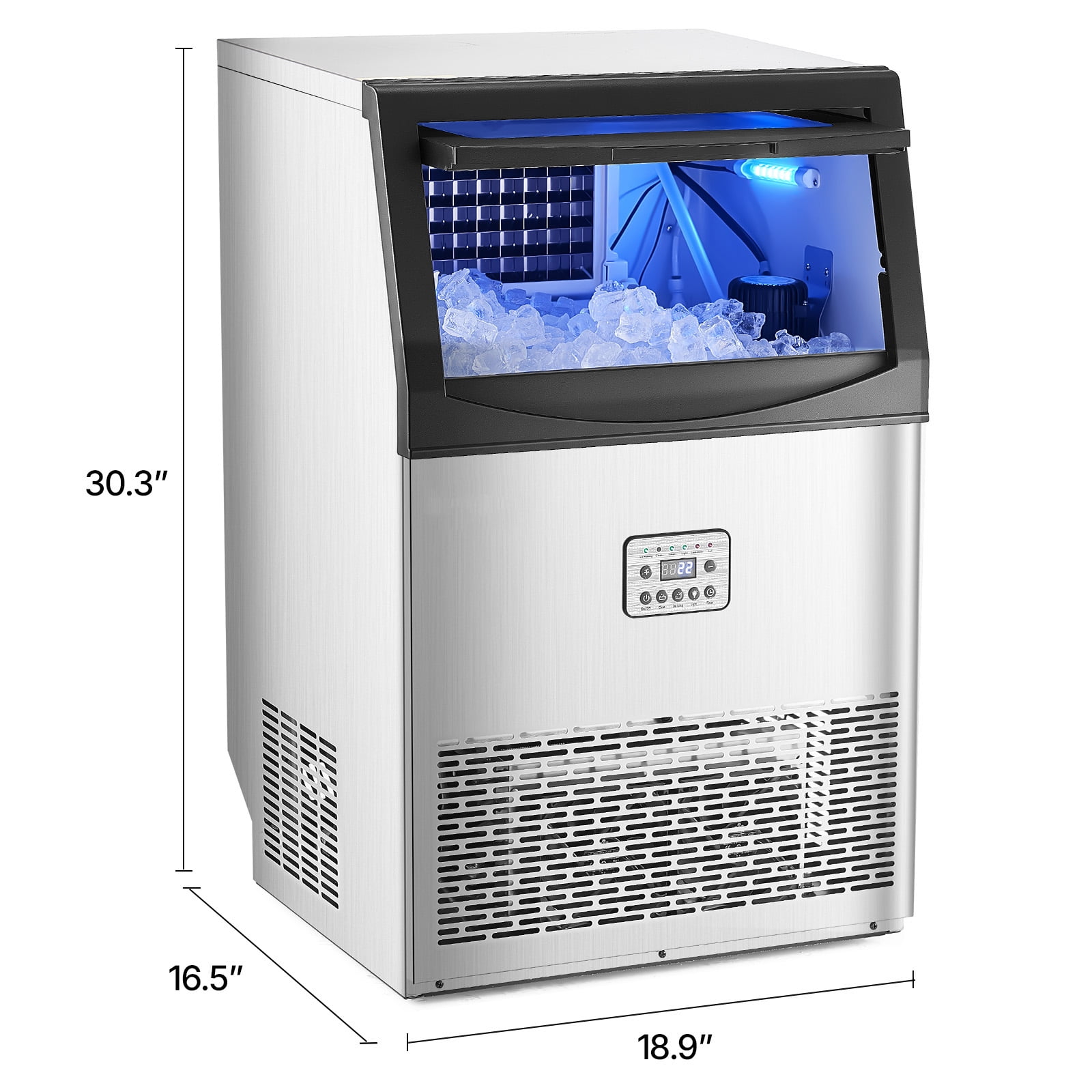 KFFKFF 90-100lbs/24H Commercial Ice Maker Machine Stainless Steel with 33lbs Storage Bins 50 Cubes Under Counter ice Machine 19 in W, 34 in H with Auto Clean
