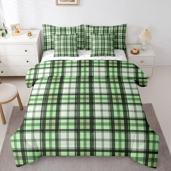 Homewish Chic Square Abstract Twin Bedding Sets 7-Piece for Adult, Green Checkered Bedding Comforter Set, Modern Buffalo Plaid Reversible Sheet Sets, Luxury Bedroom Decor