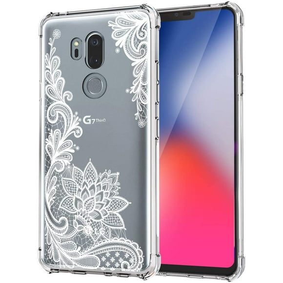 Flower Shockproof Case for LG G7, LG G7 ThinQ Clear with White Lace Design Bumper Protective Flexible Slim Fit Cell Phone Back Cover Girly Henna Floral Gel Rubber TPU for Women Girl