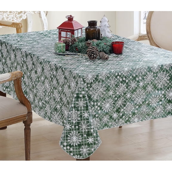 Newbridge Snowfall Snowflake Plaid Christmas Print Vinyl Flannel Backed Tablecloth, Contemporary Snowflake Design Easy Care Wipe Clean Xmas Tablecloth, 52 Inch x 52 Inch Square, Green
